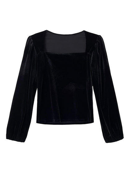 Urban Pleuche Solid Color Pleated Square-Neck Bishop Sleeves T-Shirt