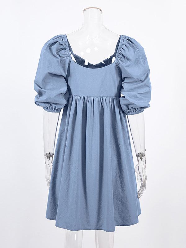 Stylish Split-Joint Pleated Puff Sleeves A-Line Mini Dress