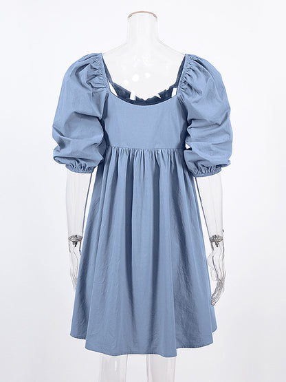 Stylish Split-Joint Pleated Puff Sleeves A-Line Mini Dress