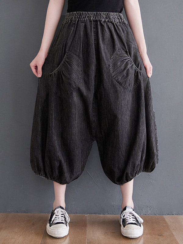 Loose Casual Elasticity High-Waist Wide Legs Jean Pants Knickerbockers