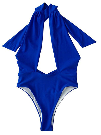 Solid Bandage Halter-Neck One-Piece Swimwear