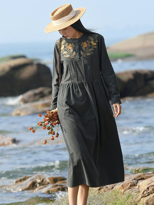 Vintage A-Line Loose Embroidered Stand Collar Midi Dresses