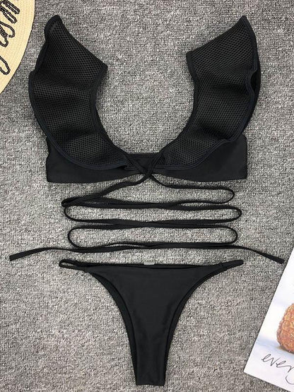 Falbala Black Lace Up Bikini Swimsuit