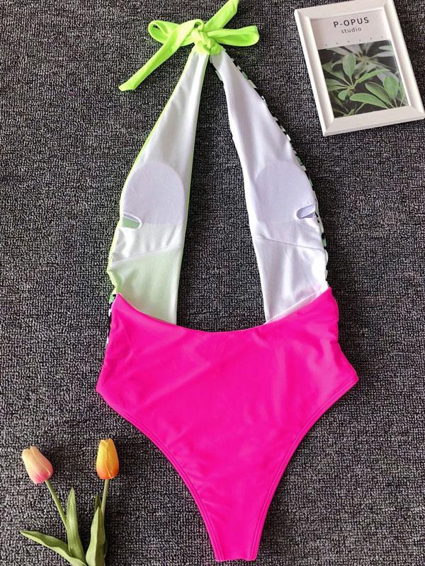 Leopard Print Split-Joint Hanging Neck One-Piece Swimwear