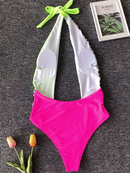 Leopard Print Split-Joint Hanging Neck One-Piece Swimwear