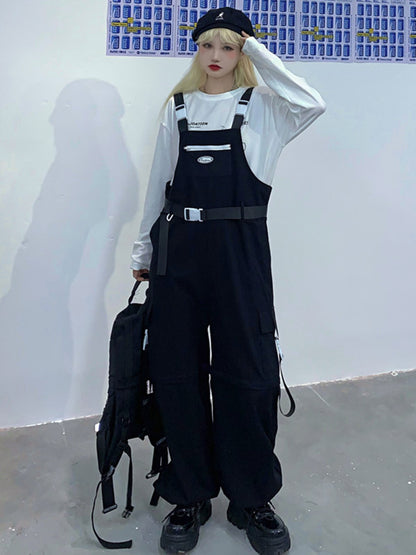 Cool Street Split-Joint With Pocket Zipper Printed Square-Neck Wide Legs Overalls