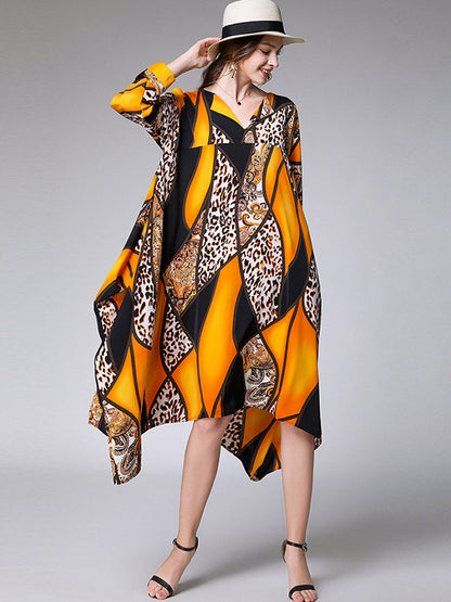 Casual Loose Split-Joint Contrast Color Leopard Floral Printed Lapel Collar Long Sleeves Midi Dress