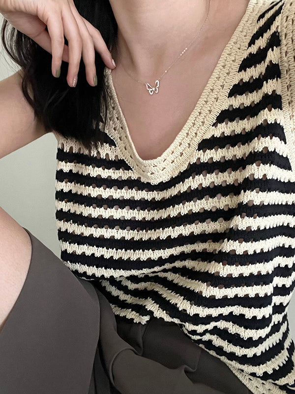 Simple Black White Contrast Color Knitting Vest Top