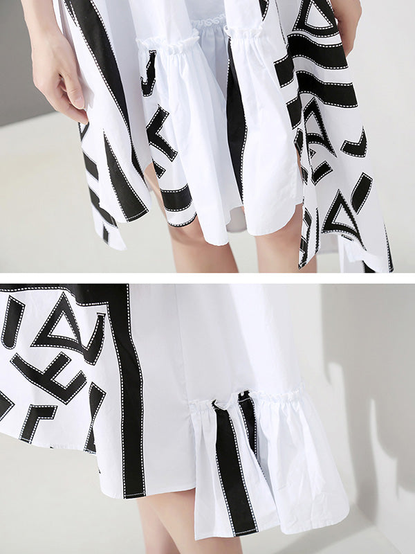 Loose Asymmetric Printed High-Low Lapel Split-Joint Midi Dress