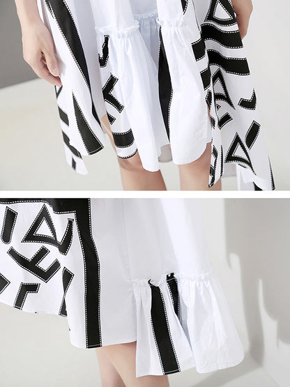Loose Asymmetric Printed High-Low Lapel Split-Joint Midi Dress
