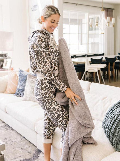 Leopard Drawstring Hoodie&Pants Suits