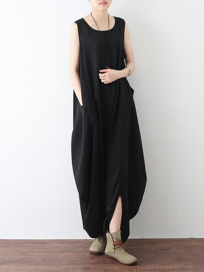 Black Round-neck Split-front Sleeveless Jumpsuits