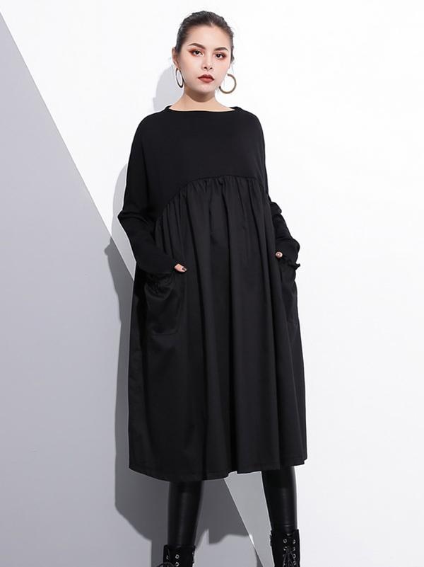 Loose Black Split-joint Long Sleeves Dress