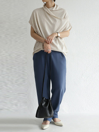 Casual Irregular Solid Color Pleated Heaps Collar Short Sleeves T-Shirt