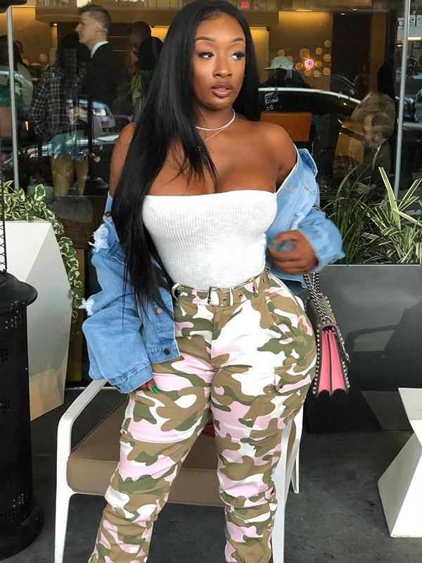 Plus Size Pink Camouflage Printed Track Pants