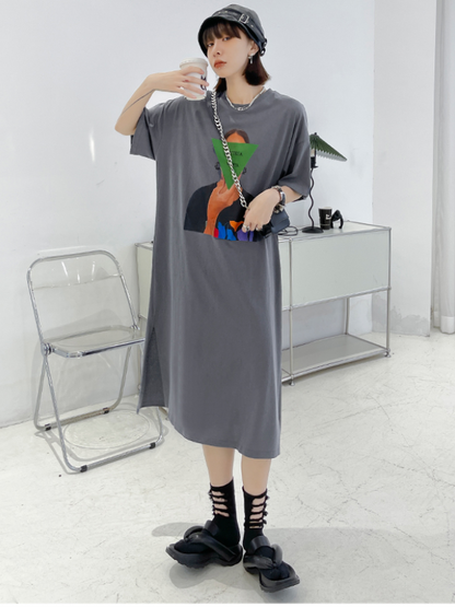 Casual Solid Color Printed Split-Side Short Sleeves H-Line Midi Dress