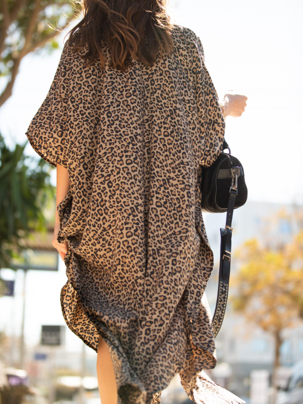 Stylish Loose Leopard Batwing Sleeves Stand Collar Maxi Dress