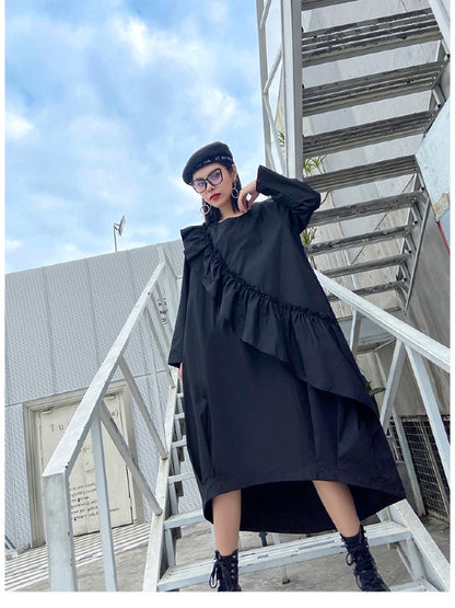 LOOSE BLACK FALBALA HIGH-LOW DRESS