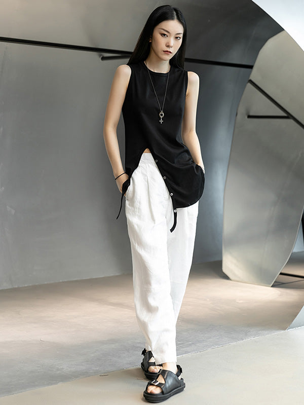 Simple Black&White Split-Side Sleeveless Round-Neck Vest