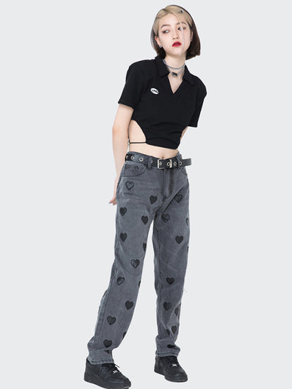 Original Black Lapel V-Neck Hollow T-Shirt