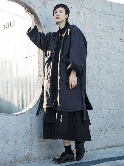 Fashion Solid Color Split-Side Long Sleeves Bandage  Cotton-Padded Coat