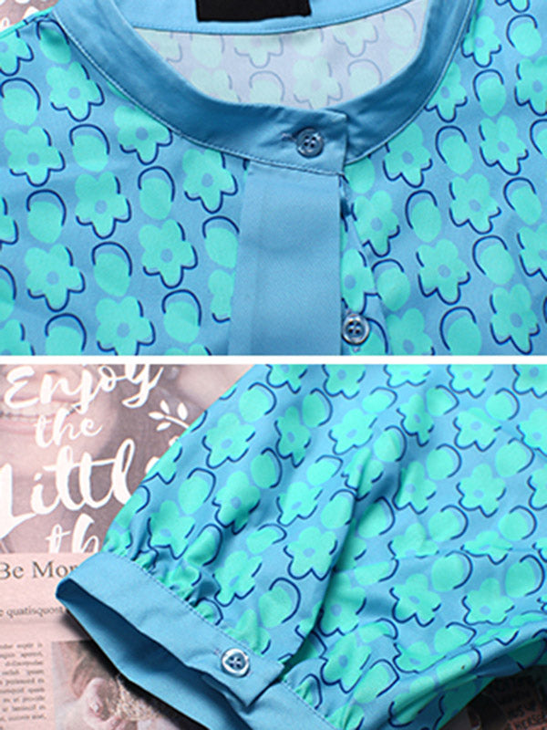Stylish Split-Joint Printed Stand Collar Tie Short Sleeves Blouses
