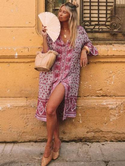 Printed V-nek Loose Hollow  Midi Dress