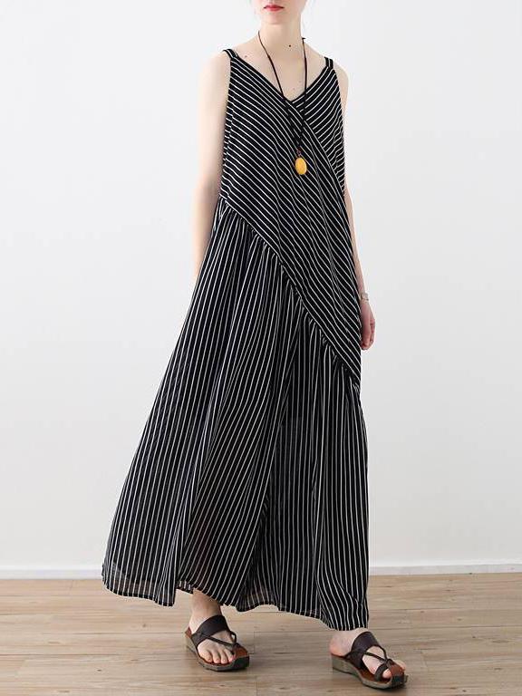 Loose Striped Split-joint Wide-leg Sleeveless V-neck Jumpsuits