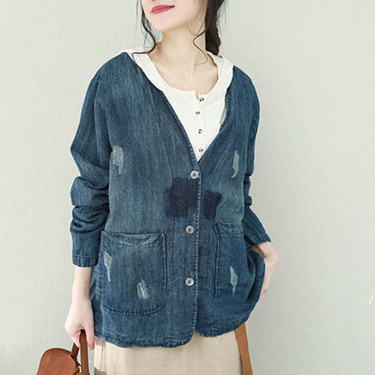 Buykud Solid Color Frayed V-Neck Denim Coat