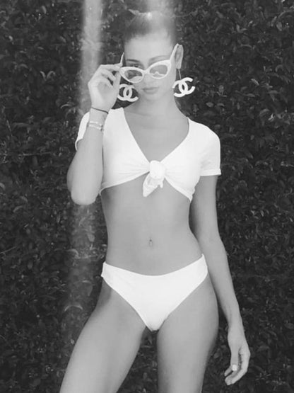 Short Sleeves Plain Bikinis Swimwear