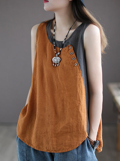 Leisure Split-Joint Linen Contrast Color Round-Neck Vest