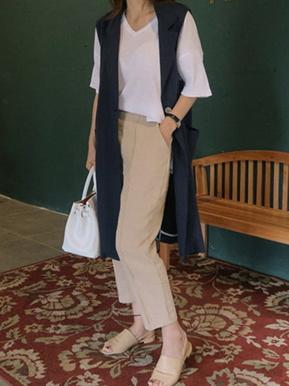 Simple Solid Color Split-Joint With Pocket Linen Notched Collar Vest Outwear
