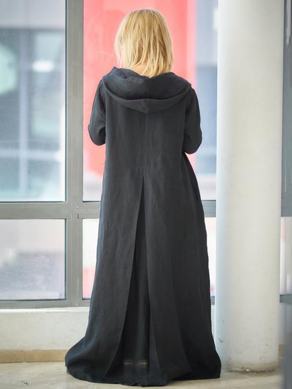 Loose Black Ramie Cotton With Hat Linen Dress