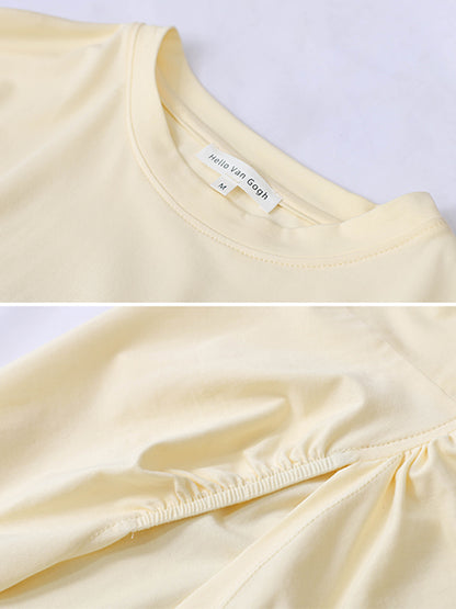 Casual Girlish Split-Side Pleated Half Sleeves Round-Neck Long T-Shirts