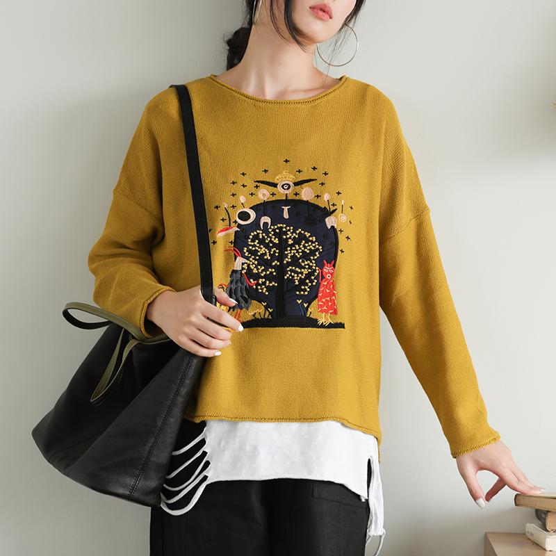 Buykud Casual Loose Embroidery Cartoon Pullover Blouse