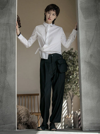 Urban Asymmetric Solid Color Buttoned Lapel Long Sleeves Blouse Tops