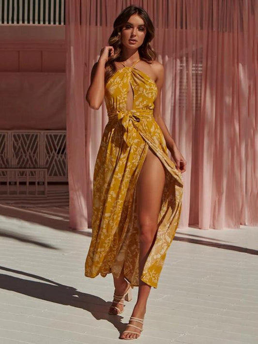 Printed Sexy Open-back Maxi Dress