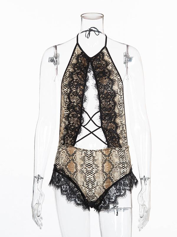 Sexy Leopard Print Lace Bandage Bodysuit Lingerie