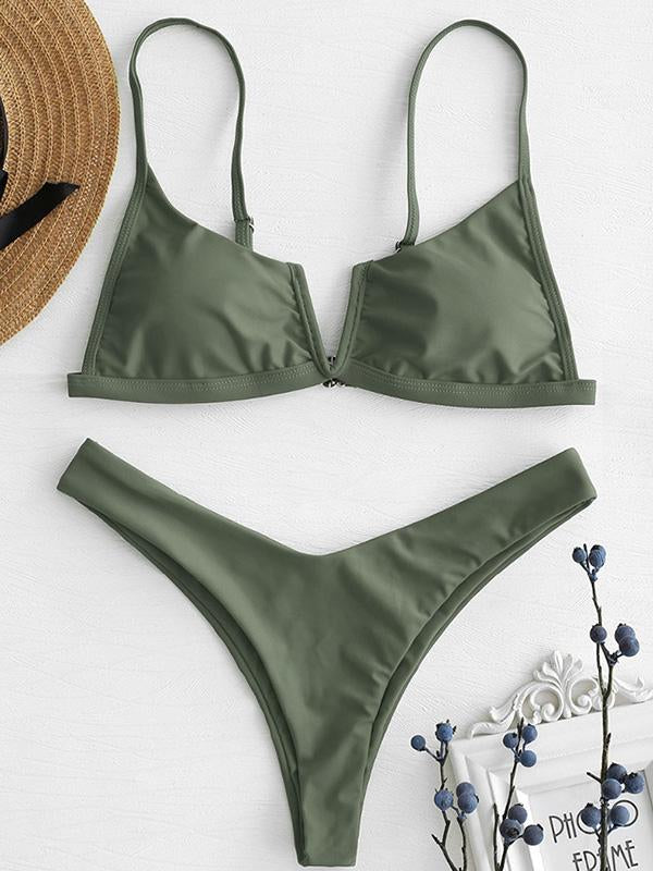 V-Neck Solid Color Bikini Swimsuit