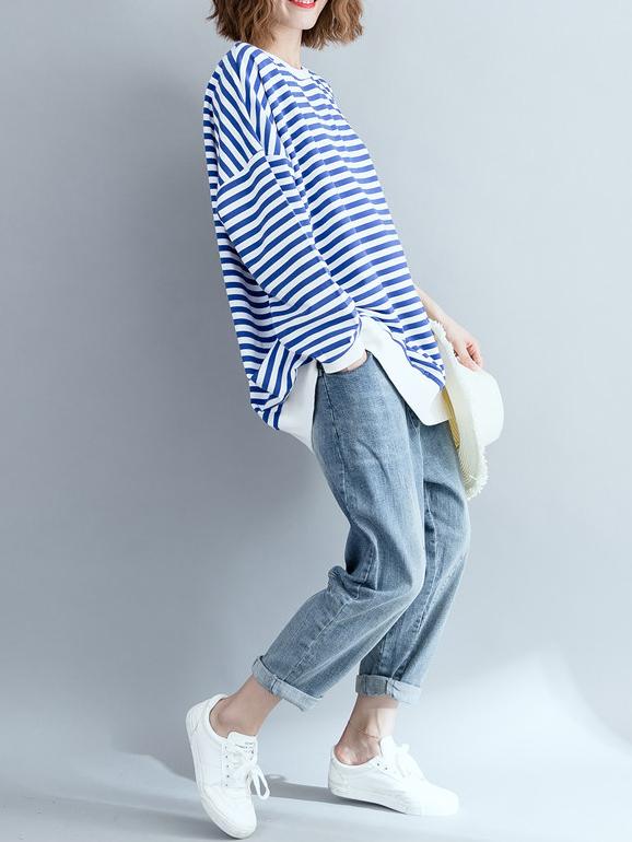 Loose Stripes Plus Size Printed Hoodies Top