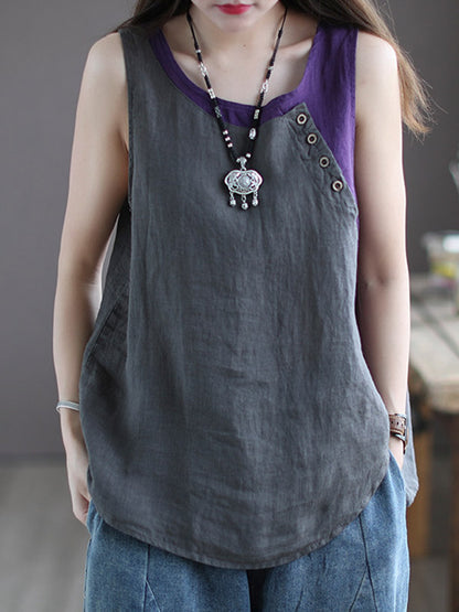 Leisure Split-Joint Linen Contrast Color Round-Neck Vest