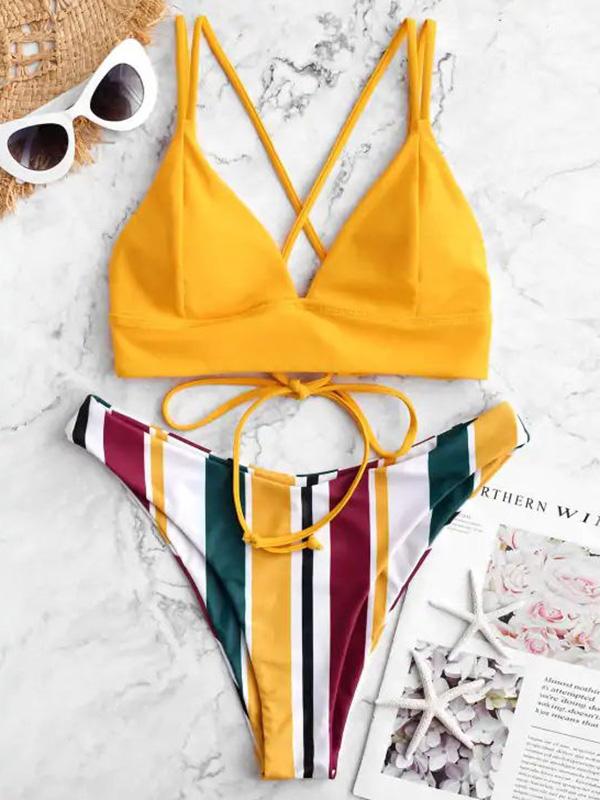 Striped Bandage Backless Split Bikini Swimsuit