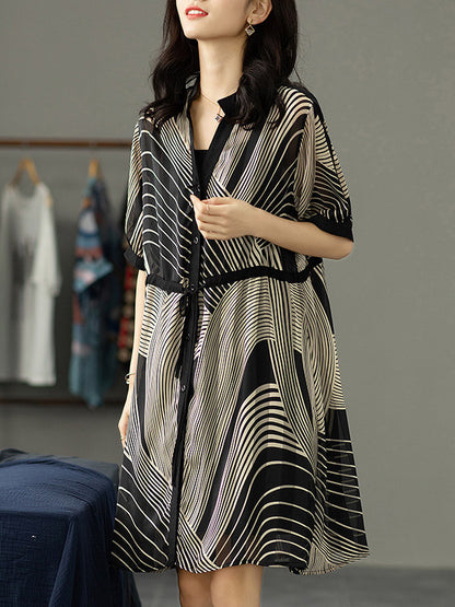 Original Irregular Striped Buttoned Tied V-Neck Half Sleeves Mini Dress