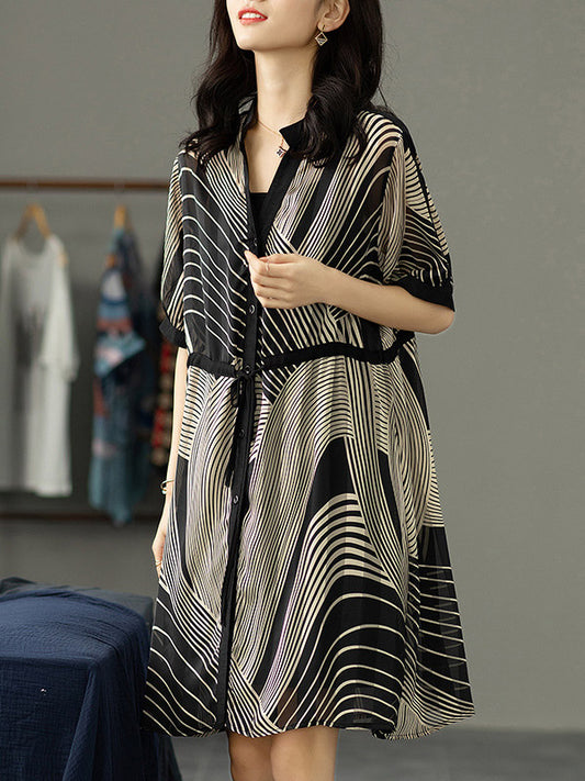 Original Irregular Striped Buttoned Tied V-Neck Half Sleeves Mini Dress