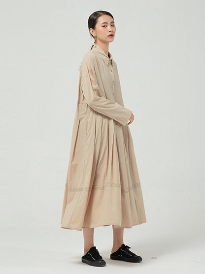 Casual Solid Color Buttoned Pleated Lapel Collar Long Sleeves Midi Dress