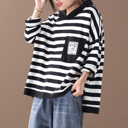 Buykud Loose Literary Patchwork Striped Pullover Hoodie