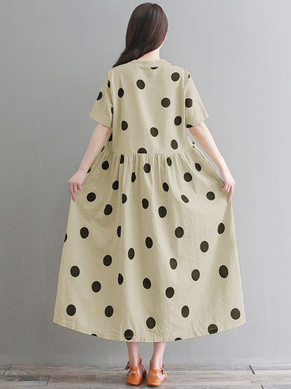 Original Polka-Dot Short Sleeve V-Neck Midi Dress