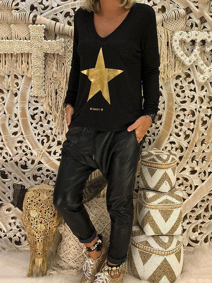 Printed V-neck Long Sleeve T-Shirt