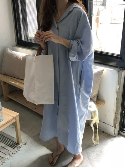 Simple Loose Casual Solid Color Buttoned Split-Side Lapel Collar Long Sleeves Midi Shirt Dress