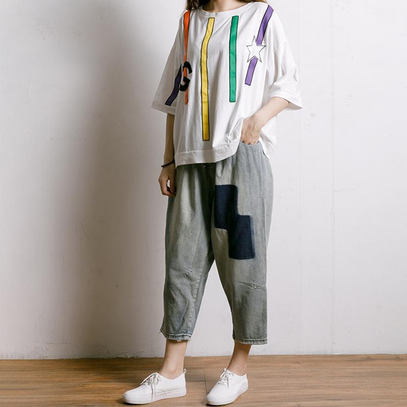 Colored Appliques Simple Women Casual T-Shirt